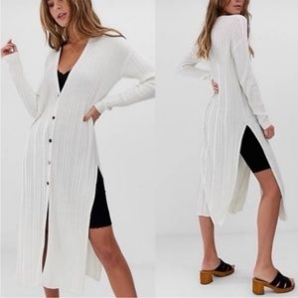 Free People Ribbed Long White Cream Cardigan - Picture 3 of 12
